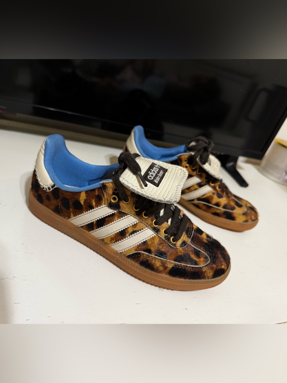 Adidas X Wales Bonner Samba Leopard Pony Hair Sneakers with Blue Lining